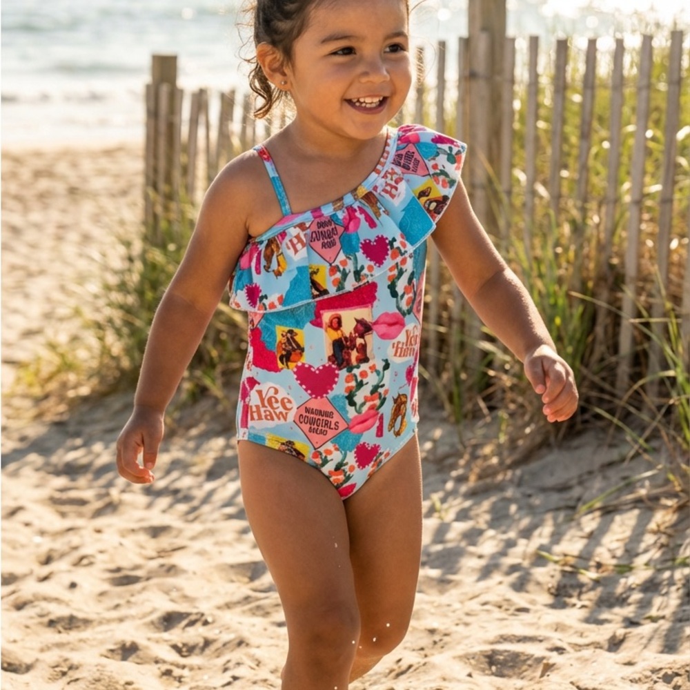 Girls Cowgirl Swimsuit • Western Ruffled One‑Piece • Pink Cowgirl Bathing Suit